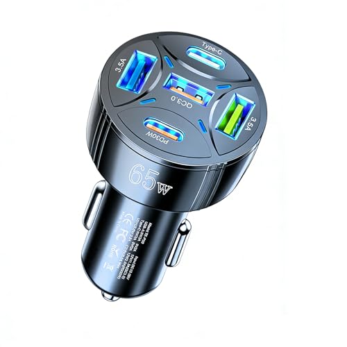 Super Fast Charging USB-C Car Charger Adapter, 65W 5-in-1 Multi-Port PD30W & QC3.0 Cigarette Lighter USB Charger for iPhone/Android/Samsung/iPad Pro (Black) - color: Black