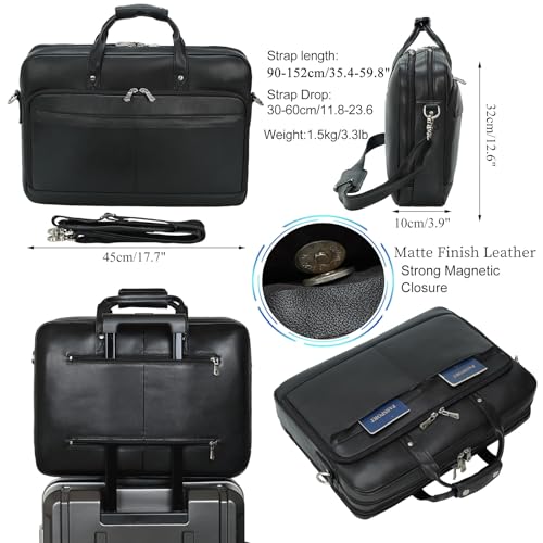 Masa Kawa Leather Briefcase for Men 15.6" 17" Laptop Business Messenger Bag | Computer Sleeve, Travel Luggage Strap, Professional Office Work Lawyer Crossbody Shoulder Attache Case - color: Black -Fits 17.3 Inch Laptop