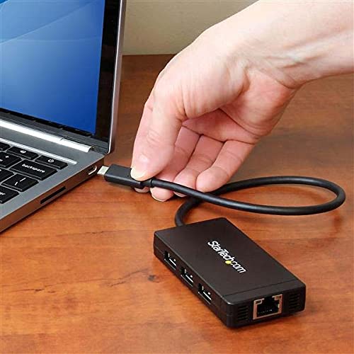 StarTech 3-Port USB-C Hub with Gigabit Ethernet and 3X USB-A, 5Gbps, TAA | Built-in 30cm USB-C cable, 3x USB-A, Fully powered connected devices, Desktop placement, Small footprint