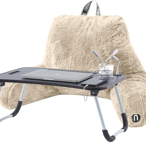 Nestl Fur Reading Pillow with Laptop Lap Desk, Stylish Back Pillow for Sitting Up, Lap Desk with Reading Pillows for Sitting in Bed Adult & Kids, Faux Fur Chair Pillow with Arms - Linen - color: Linen, size: Reading Pillow + Lap Desk
