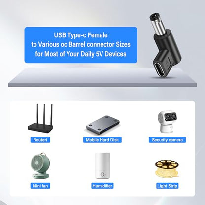 DC 5.5mm x 2.5mm to USB C Adapter, 90 Degree 5V DC 5525 Male to USB Type C Female Power Charging Adapter for Mobile Phone、Router、Mobile Power Supply （4-Pack）