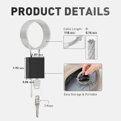 Cable Padlock Free Adjustable Lock 3 Keys, 6.56ft/2m Black | Steel Cable 1/6"(4mm)Diameter, Lock & Secure, Weatherproof for Bikes, Lockers, Gate, Fence, Shed, Outdoor Equipment etc - color: Black-6.56ft(2m)