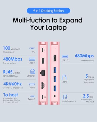 LENTION USB C Docking Station with 100W PD, 4K HDMI, Gigabit Ethernet, USB 3.0/2.0, Aux Adapter for 2026-2016 MacBook Pro, 2026-2018 Mac Air/Surface/Steam Deck, More, Stable Driver Certified - color: Rose Gold