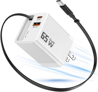 65W GaN USB C Charger with Retractable Charging Cable, 3 in 1 Power Adapter | travel charger for MacBook, iPhone 17 16 15, Samsung Galaxy S24, iPad, multi port compact wall charging block, White - color: White