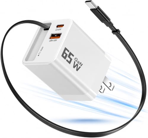 65W GaN USB C Charger with Retractable Charging Cable, 3 in 1 Power Adapter | travel charger for MacBook, iPhone 17 16 15, Samsung Galaxy S24, iPad, multi port compact wall charging block, White - color: White