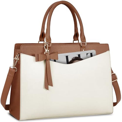 RAINSMORE Laptop Bag for Women 15.6 Inch PU Leather Laptop Tote Professional Business Office Work Bag Waterproof Briefcase Computer Tote Bag Large Lightweight Handbag Shoulder Bag - color: Beige and Dark Brown