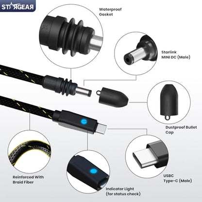 Starlink Mini Cable 6.5FT, Max 140W Input Starlink Mini USB C to DC Power Cable with Indicator Light, Braided Wear-Resistant for 16AWG, Work with 20V/100W, 28V/140W PD Power Source (Black) - size: Black Braided 6.5FT with LED