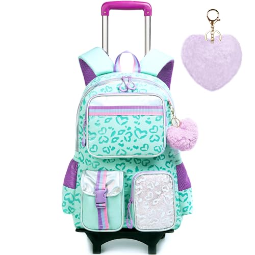 Meetbelify Backpack with Wheels for Girls Rolling Backpack Cute Carry on Backpack for Elementary Student - color: Love Green