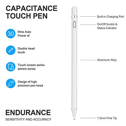 Stylus Pen for Touch Screens, Rechargeable 1.5mm Fine Point Smart Pencil Digital Active Stylus Pen Compatible with iPad and Most Tablet by NVOPERANG (White)
