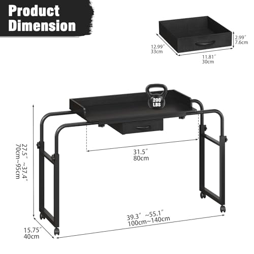 GiftGo Over Bed Table with Wheels, Recliner Table Bed Desk, Adjustable Height and Length Laptop Table with Storage Drawer Metal Leg for Bedroom Home Office Hospital (Black, 39.3" to 55.1") - color: Black