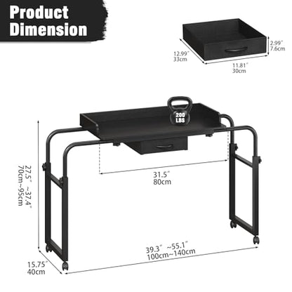 GiftGo Over Bed Table with Wheels, Recliner Table Bed Desk, Adjustable Height and Length Laptop Table with Storage Drawer Metal Leg for Bedroom Home Office Hospital (Black, 39.3" to 55.1") - color: Black