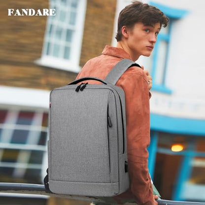 FANDARE 15.6 inch Business Laptop Rucksack Bag with USB Charging Port Mens Laptop Backpack Business Travel Rucksack Polyester Daypack with Luggage Strap Multi-Compartment for Work Commuter Light Gray - color: Light Gray