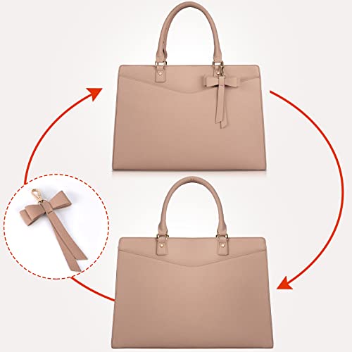 RAINSMORE Laptop Bag for Women 15.6 Inch PU Tote Bag Business Office Work Bag Waterproof Briefcase Computer Tote Lightweight Handbag Shoulder, Khaki - color: Khaki