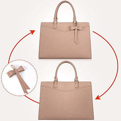 RAINSMORE Laptop Bag for Women 15.6 Inch PU Tote Bag Business Office Work Bag Waterproof Briefcase Computer Tote Lightweight Handbag Shoulder, Khaki - color: Khaki