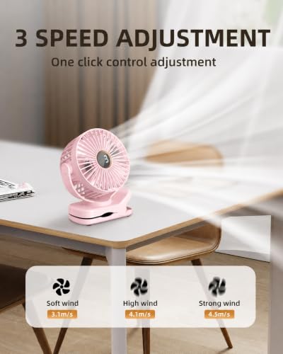 TUNISE Mini Clip on Fan, Battery Operated Desk Fan, Digital display，3 Speeds Adjustable, Bidirectional 360 ° Adjustable, Super Strong Wind, Portable Fan for Home, Office, Camping - color: Pink