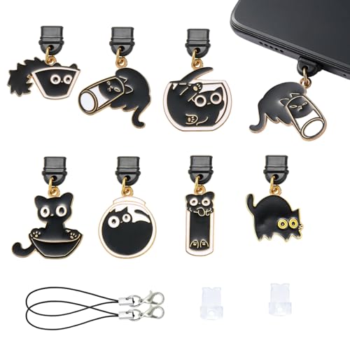 7-10Pcs Dust Plug Charm Type C with Alloy Pendants Cute Cell Phone Charms for Most Type C Phone,Readers Device - color: Black Cat
