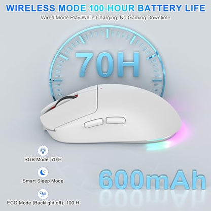 Bluetooth Wireless Gaming Mouse for MacBook Air PC iPad Pro, Ergonomic Rechargeable Laptop Mice with Jiggler Mode, 8000DPI RGB Computer Mouse Wired/Bluetooth 5.3/2.4G USB 3 Mode Connect - White