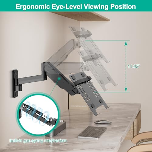 UPGRAVITY Laptop Wall Mount, 2-in-1 Gas Spring Wall Holder with Vented Tray for 12"-17" Notebook/13-32 Computer Screen, Full Motion Adjustable Wall Mount Laptop Stand Holds 3.3-17.6lbs