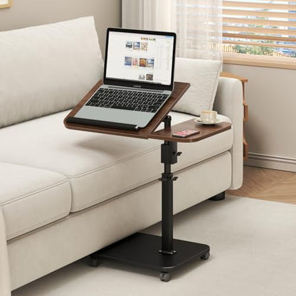 Adjustable Height C Shaped End Table with Wheels,360°Swivel Side Table, Top Tilting Laptop Stand TV Table for Sofa/Bed, Couch Tables that Slide under, Rolling Coffee Table for Living Room (walnut)