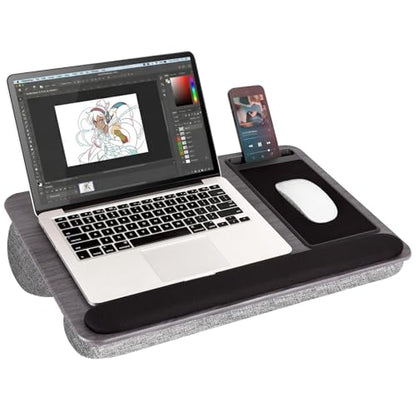 Cyberguys Comfort Lap Desk for Laptop up to 15.6 in – Black with Charcoal Grey Wood Overlay with Mouse Pad, Phone & Tablet Slot, Dual Cushion Base, Wrist Rest & Carry Handle for Bed Desk Couch Sofa - color: Black With Charcoal Grey Wood Overlay
