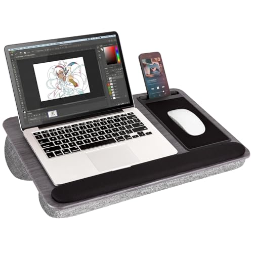 Cyberguys Comfort Lap Desk for Laptop up to 15.6 in – Black with Charcoal | Grey Wood Overlay with Mouse Pad, Phone & Tablet Slot, Dual Cushion Base, Wrist Rest & Carry Handle for Bed Desk Couch Sofa - color: Black With Charcoal Grey Wood Overlay