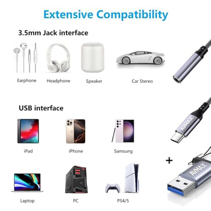 AVMAX USB C to 3.5mm Audio Headphone Adapter,Type c to Aux Female Cable for 16 15 Plus, S24 S23 S22 S21 S20 Ultra Pixel MacBook and More Type c Devices (Gray) - style: Classic Gray1
