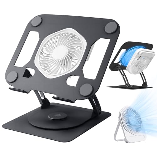 SHUWEI Laptop Cooling Stand with Detachable Desk Fan, Adjustable Height & Angle, 360 Rotating Base, Carbon Steel Framework, Ultra-Quiet & Super Sturdy for up to 16”Laptop-Black - color: Black, size: For 15.6" Laptop & 360°Rotation