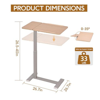 Pneumatic Overbed Table with Wheels, Height Adjustable Bedside Table with Ultra-Low Base for Hospital & Home, Rolling Laptop Cart with Beige Finish - color: Beige
