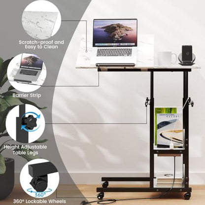 Hadulcet Adjustable C Table with Charging Station, Tiltable Desk C Shaped End Table for Couch, Over Bed Table with Wheels Adjustable Height, Hospital Table Laptop Stand Drawing Desk, Marble White - color: Marble White, style: Upgrade