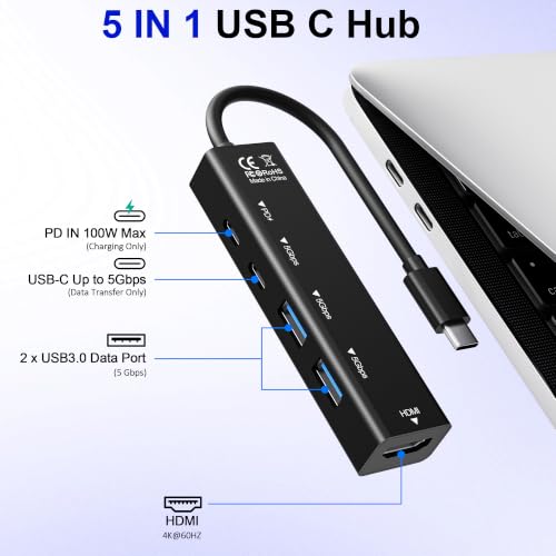 USB C Hub, 5 in 1 USBC to HDMI Adapter with 4K@60Hz, 100W Power Delivery, USB-C 5Gbps, 2 × USB-A 3.0 5Gbps, USBC Splitter Docking Station for MacBook, iPad Pro, iPhone 17/16, Windows