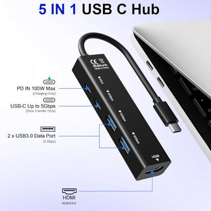 USB C Hub, 5 in 1 USBC to HDMI Adapter with 4K@60Hz, 100W Power Delivery, USB-C 5Gbps, 2 × USB-A 3.0 5Gbps, USBC Splitter Docking Station for MacBook, iPad Pro, iPhone 17/16, Windows