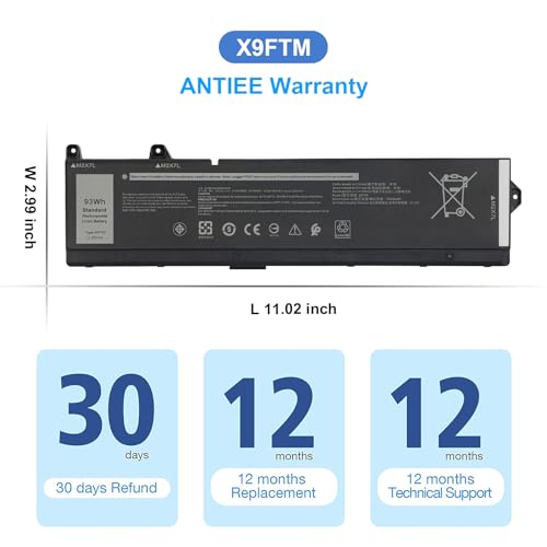 93Wh X9FTM Laptop Battery for Dell Precision 7670 7680 7770 7780 Mobile Workstation Series P114F P114F001 P114F002 P115F P115F001 P115F002 5JMD8 965V4 05JMD8 0965V4 0X9FTM 11.55V 6-Cell Battery