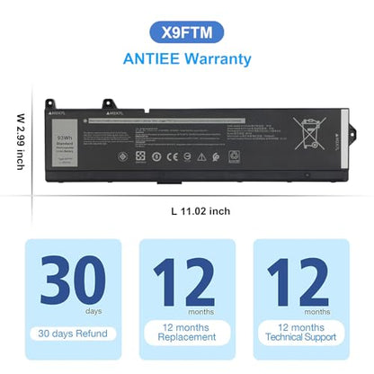 93Wh X9FTM Laptop Battery for Dell Precision 7670 7680 7770 7780 Mobile Workstation Series P114F P114F001 P114F002 P115F P115F001 P115F002 5JMD8 965V4 05JMD8 0965V4 0X9FTM 11.55V 6-Cell Battery