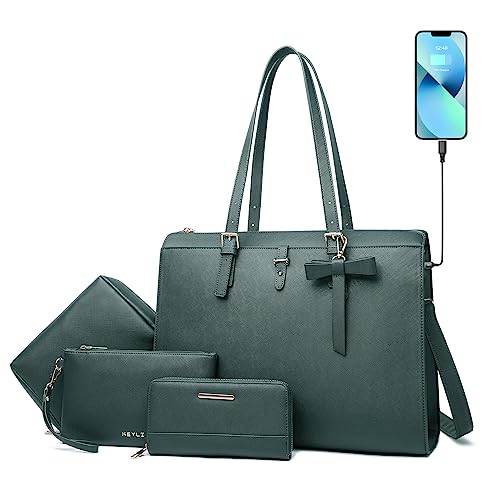 Keyli 4pc Sets Laptop Bag for Women Large Leather Laptop Briefcase with USB Charging Port Computer Shoulder tote Bags Purse - color: Green