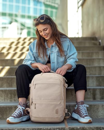 BAGSMART 37L Expandable Travel Backpack Compression Carry On Daypack | Weekender Bag Fits 17" Laptop. Water Resistant Luggage with Packing Cubes and Shoe Pouch. - color: Khaki