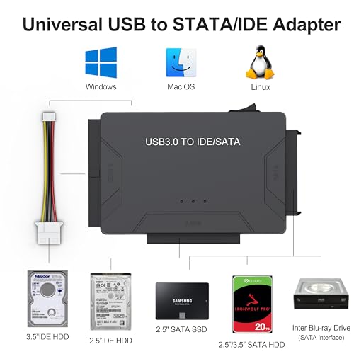 Hard Drive Reader USB 3.0 & Type C to SATA IDE Adapter, Internal Data Transfer Recovery Converter Kit with 12V/2A Power for 2.5"/3.5" SATA/IDE HDD SSD Hard Disk Internal Blu-ray Drive, up to 20TB