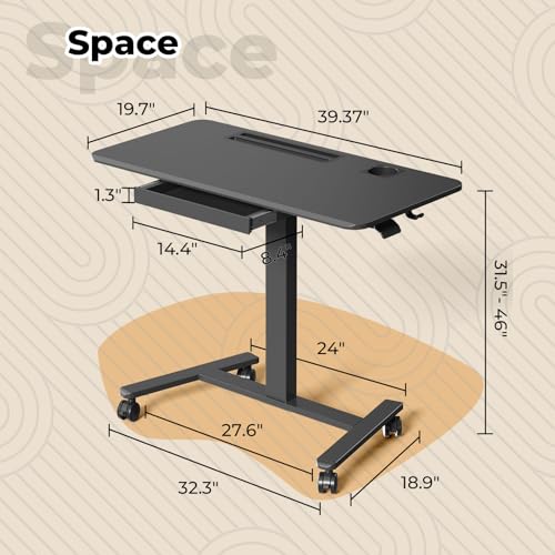 40"×20" Mobile Desk with Drawer, Rolling Desk with Storage | Height Adjustable Portable Laptop Desk on Wheels, Small Computer Desk with Cup Holder and Hooks for Study & Work, Black - color: Black, size: 40"