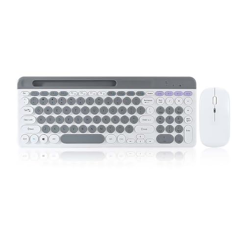 Wireless Keyboard and Mouse Combo with Phone Tablet Holder, Rechargeable Dual-Mode (Bluetooth 5.0 and 3.0 +2.4G) Multi-Device Silent Mouse for Windows, iPad, Tablet, MacOS,iOS,Android (Grey+White) - color: Grey+White