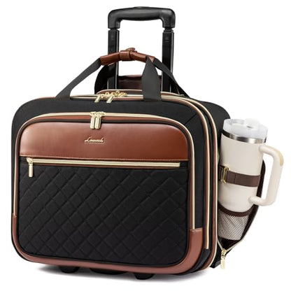 LOVEVOOK Rolling Laptop Bag for Women, Underseat Carry On Bag with Wheels | Fits 17.3 Inch Laptop, 30L Capacity, Silent Wheels, Rolling Briefcase, Carry On Luggage, Personal Item for Work Travel - color: Black-brown