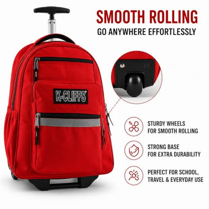 Heavy Duty Rolling Backpack School Bookbag with Wheels Deluxe Wheeled Daypack - color: Red