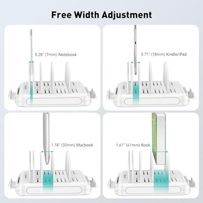 Vertical Laptop Stand Holder & Desk Organizer Rack - Adjustable Dock for MacBook, iPad, Phone (6-in-1 Multi Device Storage System with 360° Rotation) - color: White