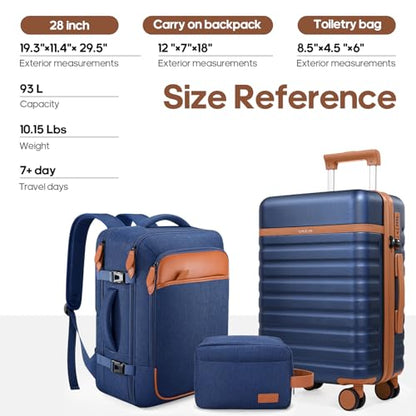 UKEIN Luggage Sets 3 Piece, PC Hardside Large Luggage 28 Inch With Spinner Wheels with TSA Lock, Checked Suitcase Set With Travel Backpack for Men (Blue, 3 piece set (28inch)) - color: Blue, size: 3 piece set (28inch)