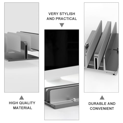 KOMBIUDA Aluminum Adjustable Dual-Slot Vertical Laptop Stand Tablet Base Holder Gray for Desk Organization and Space Saving