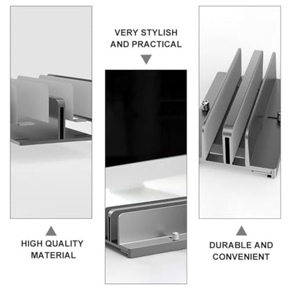 KOMBIUDA Aluminum Adjustable Dual-Slot Vertical Laptop Stand Tablet Base Holder Gray for Desk Organization and Space Saving