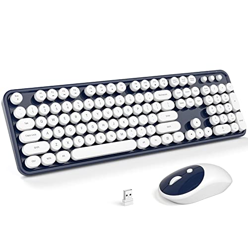 Atelus Wireless Keyboard and Mouse, Typewriter Full Size Keyboard with Number Pad and 2 in 1 USB Connected Mouse for Windows 7/8/10, Laptop, Desktop, PC, Computer (Dark-Blue) - color: Dark Blue