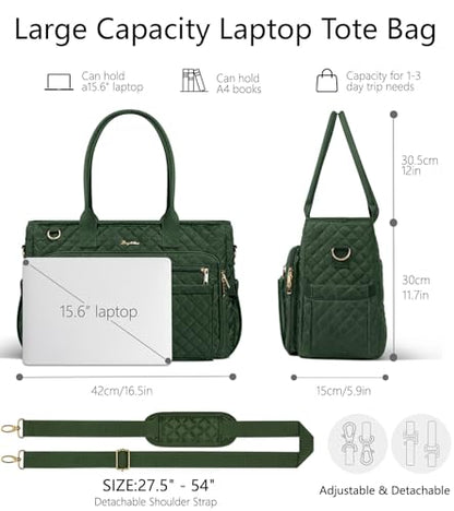 Bagstellar Teacher Tote Bag for Women, 15.6" Laptop Work Tote Computer Bag | Quilted Bible Nurse Bag with 40oz Cup Holder, Insulated Pocket & Strap, Large Laptop Briefcase for School Travel Office Gifts - color: Dark Green