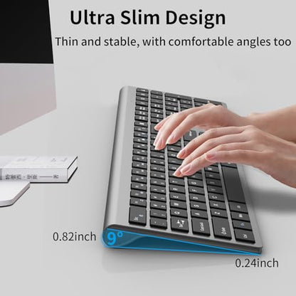 2.4G Slim Silent Wireless Full Size Keyboard Iron Grey | Ultra-thin scissor switch, num keypad & calculator key, quiet typing, 2.4G wireless for Windows, Mac, PC & laptop