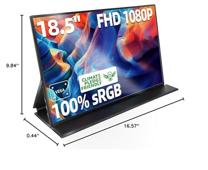 Ingnok 18.5Inch Portable Monitor, 100% sRGB USB C Second Screen FHD | USB-C Mini HDMI Large second screen for Laptop,mini PC,PS5/Switch, smart cover stand,built-in speakers,VESA-ready - size: 18.5 inches