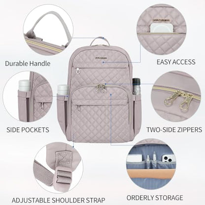 KROSER Laptop Backpack for Women 15.6 Inch Stylish Daypack with USB Charging Port, Water-repellent Nylon Backpack for Travel/Business, Dusty Pink | Water-repellent fabric, multi-compartment,adjustable shoulder straps and luggage strap-Grey Pink - color: D