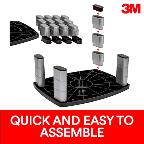 3M Extra Wide Adjustable Monitor Stand, Three Leg Segments Simply Adjust Height from 1" to 5 7/8", Sturdy Platform Holds Up to 40 lbs, 16-inch Space Between Columns for Storage, Silver/Black (MS90B)